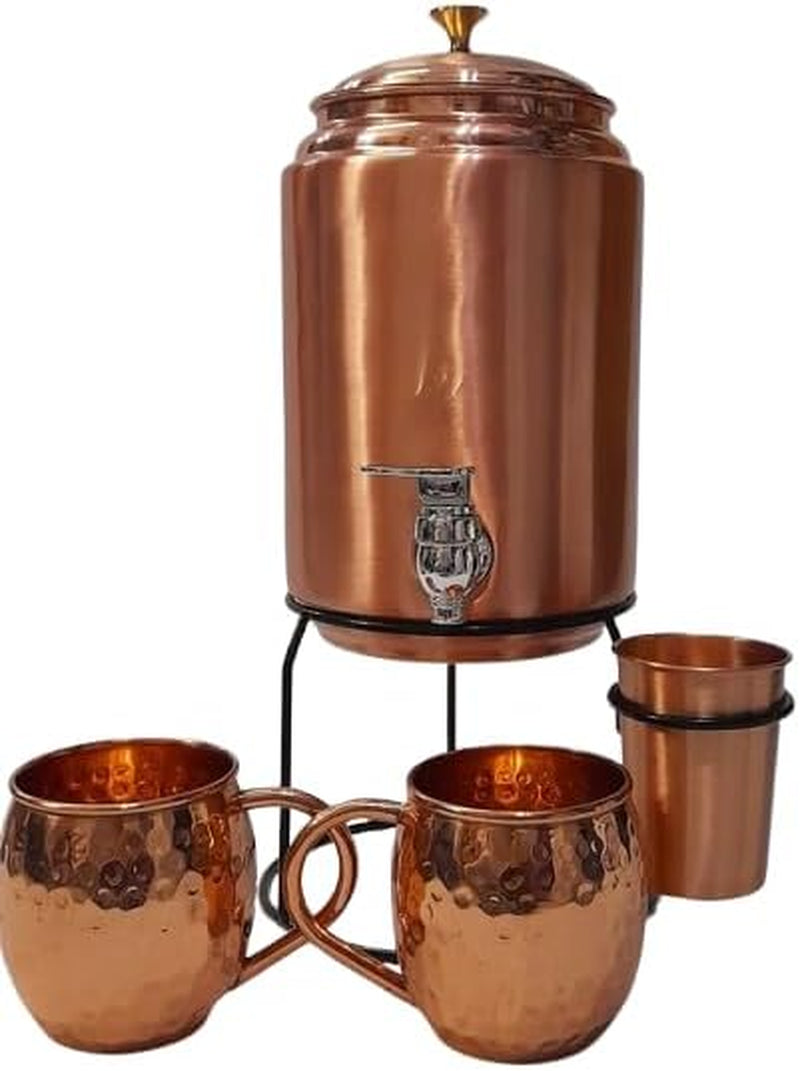 Pure Copper 5L Water Dispenser Tank with Stand, 1 Glass (300Ml), 2 Moscow Mule Mugs & 1 Extra Tap – Includes Free 4-Piece Brass Cutlery Set