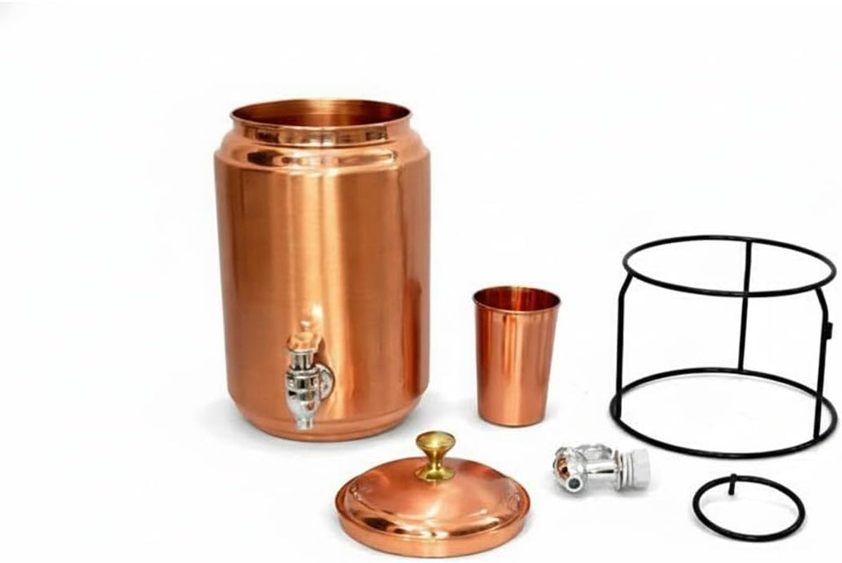 Pure Copper 5L Water Dispenser Tank with Stand, 1 Glass (300Ml), 2 Moscow Mule Mugs & 1 Extra Tap – Includes Free 4-Piece Brass Cutlery Set