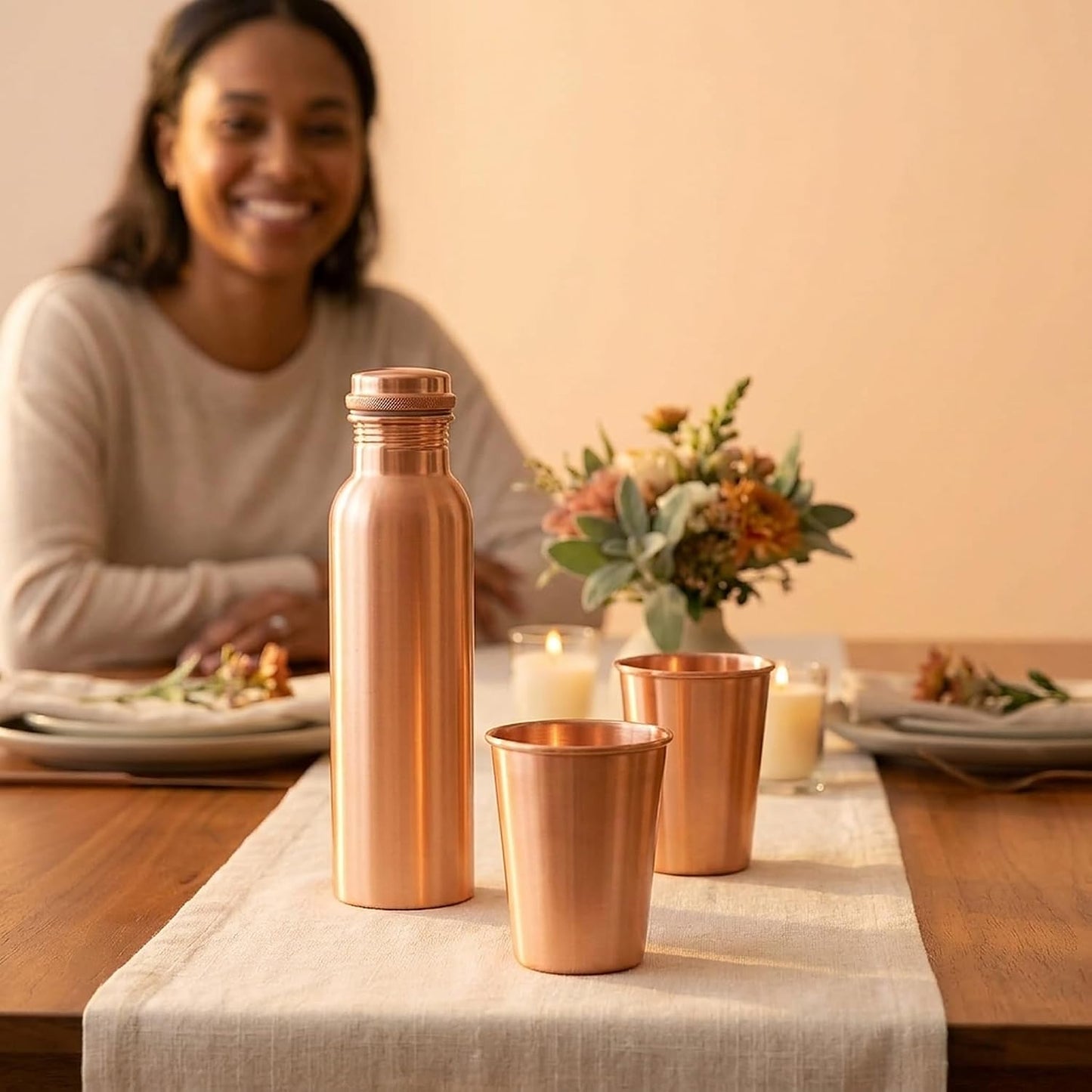 Pure Copper Water Bottle and 2 Tumblers Set - 3 Piece Handcrafted Drinkware Gift Set | 34 Oz Bottle + Two 10 Oz Cups | Jointless Leakproof Ayurvedic Wellness & Hydration