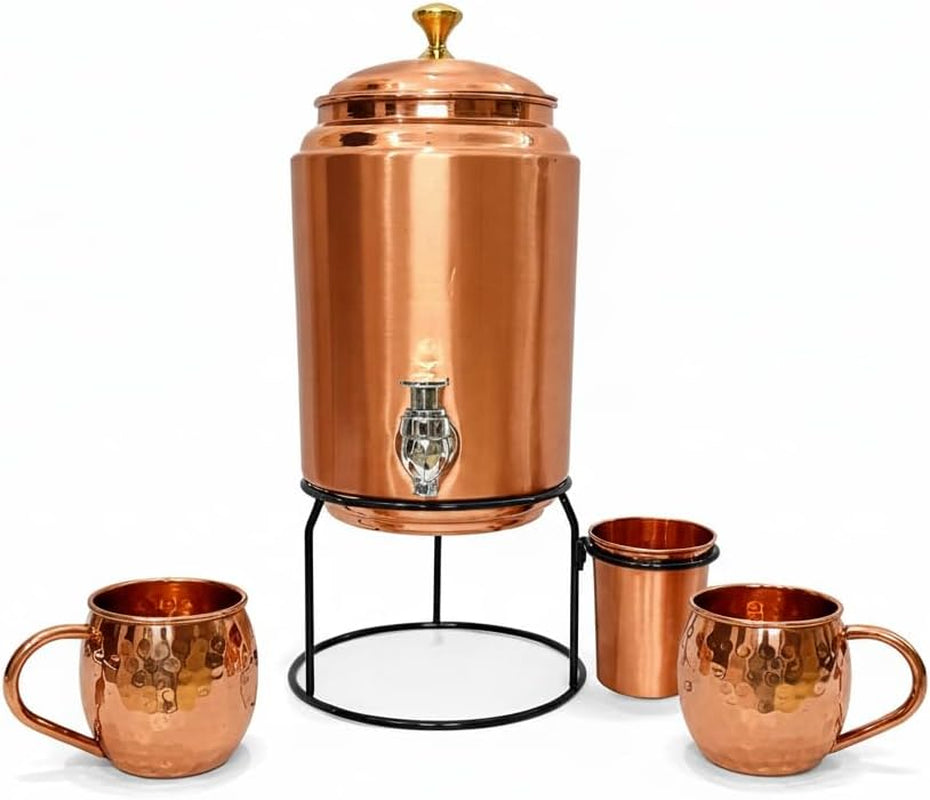 Pure Copper 5L Water Dispenser Tank with Stand, 1 Glass (300Ml), 2 Moscow Mule Mugs & 1 Extra Tap – Includes Free 4-Piece Brass Cutlery Set
