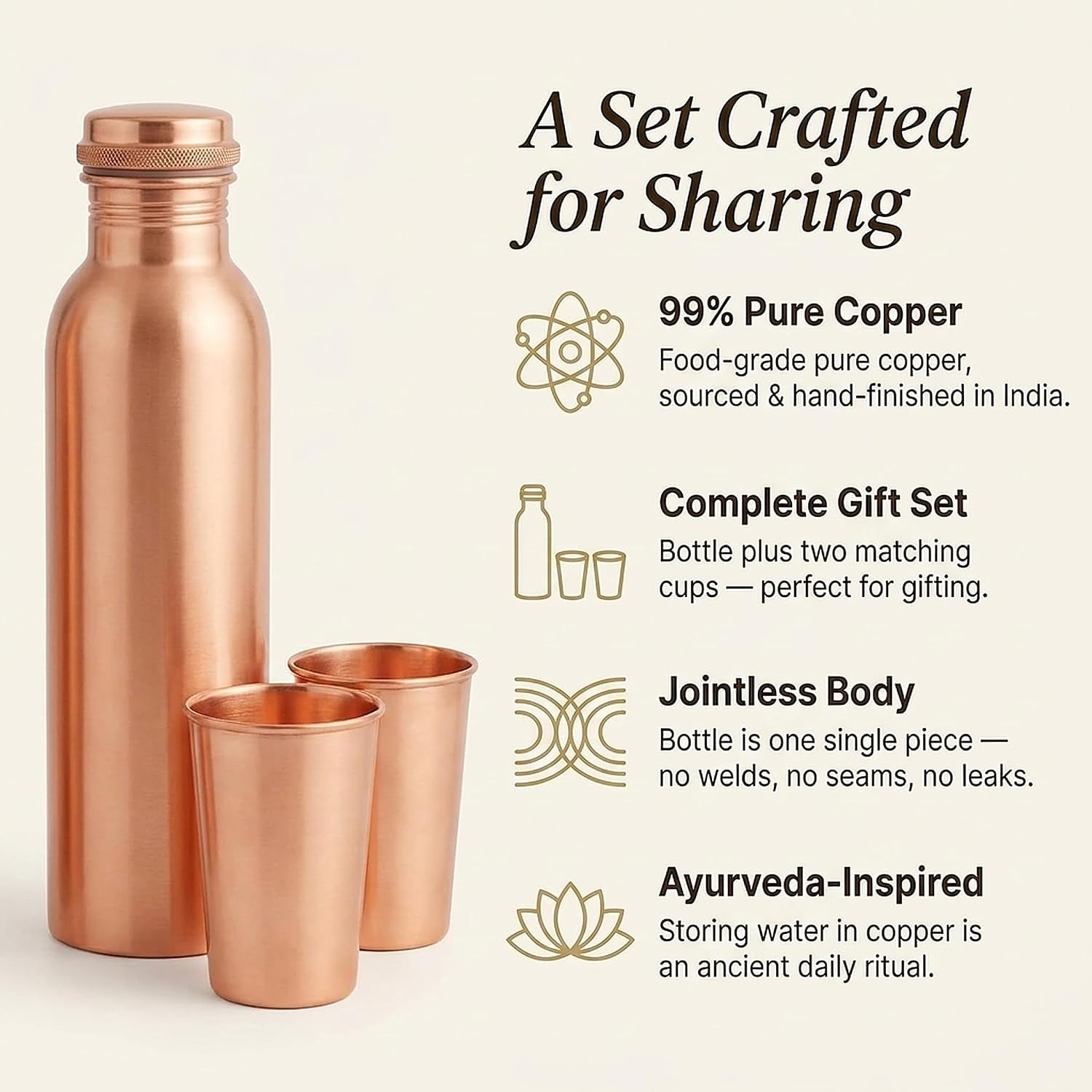 Pure Copper Water Bottle and 2 Tumblers Set - 3 Piece Handcrafted Drinkware Gift Set | 34 Oz Bottle + Two 10 Oz Cups | Jointless Leakproof Ayurvedic Wellness & Hydration