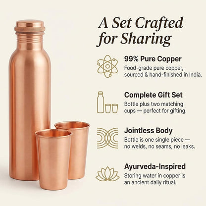 Pure Copper Water Bottle and 2 Tumblers Set - 3 Piece Handcrafted Drinkware Gift Set | 34 Oz Bottle + Two 10 Oz Cups | Jointless Leakproof Ayurvedic Wellness & Hydration