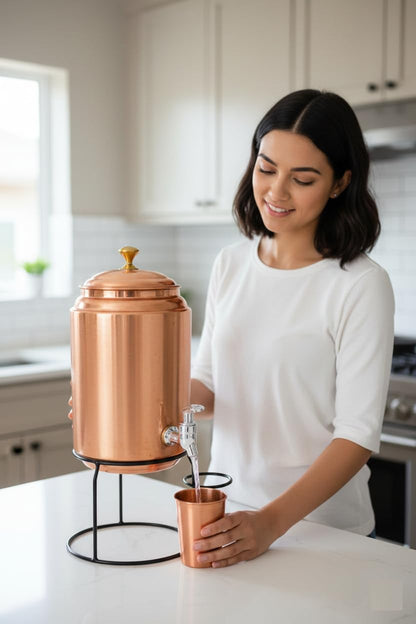 Pure Copper 5L Water Dispenser Tank with Stand, 1 Glass (300Ml), 2 Moscow Mule Mugs & 1 Extra Tap – Includes Free 4-Piece Brass Cutlery Set
