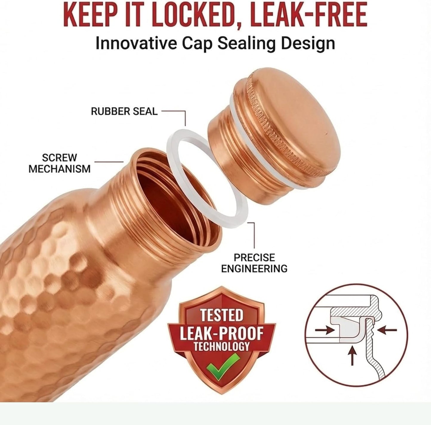 Hammered Copper Water Bottle - 30 Oz Pure Copper Vessel for Drinking Healthy Water