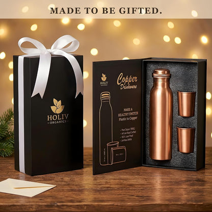 Pure Copper Water Bottle and 2 Tumblers Set - 3 Piece Handcrafted Drinkware Gift Set | 34 Oz Bottle + Two 10 Oz Cups | Jointless Leakproof Ayurvedic Wellness & Hydration