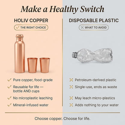 Pure Copper Water Bottle and 2 Tumblers Set - 3 Piece Handcrafted Drinkware Gift Set | 34 Oz Bottle + Two 10 Oz Cups | Jointless Leakproof Ayurvedic Wellness & Hydration