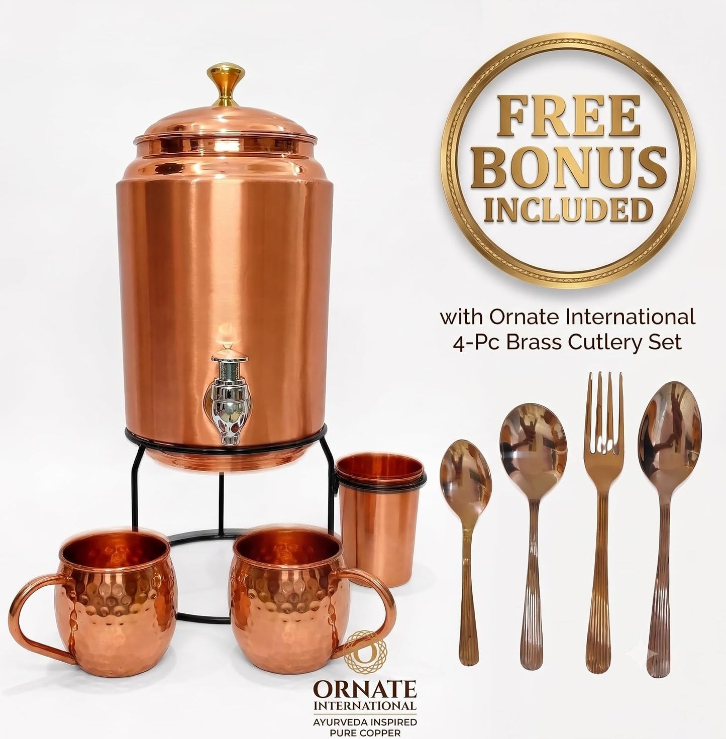 Pure Copper 5L Water Dispenser Tank with Stand, 1 Glass (300Ml), 2 Moscow Mule Mugs & 1 Extra Tap – Includes Free 4-Piece Brass Cutlery Set