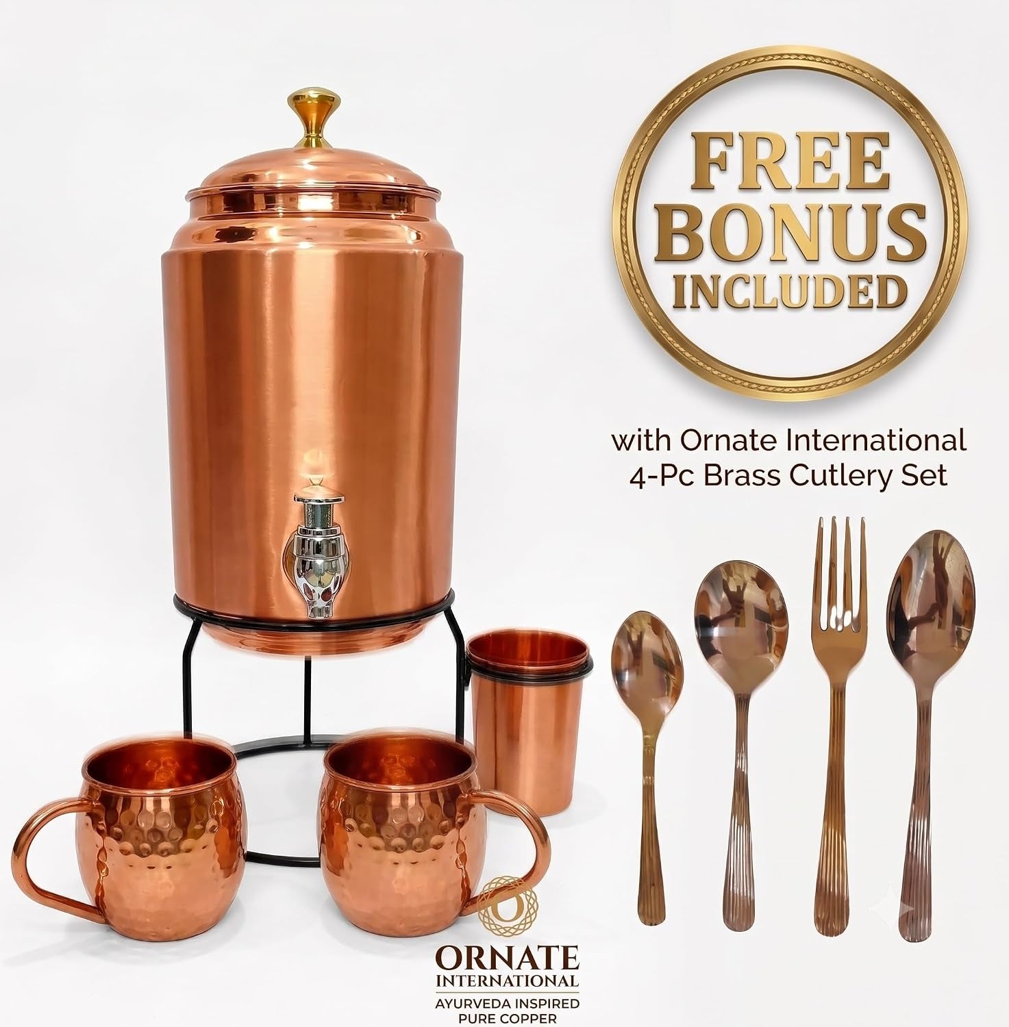 Pure Copper 5L Water Dispenser Tank with Stand, 1 Glass (300Ml), 2 Moscow Mule Mugs & 1 Extra Tap – Includes Free 4-Piece Brass Cutlery Set